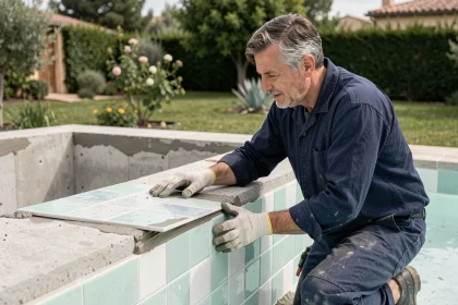 Poseur de carrelage mosaïque en céramique appliquant un revêtement sur les parois intérieures d'une piscine en construction dans un jardin résidentiel