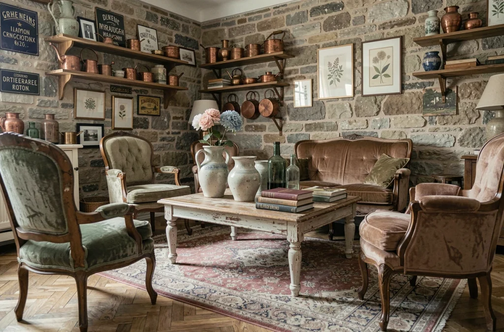 Salon décoré avec des objets chinés en brocante, meubles vintage et décoration authentique fait maison