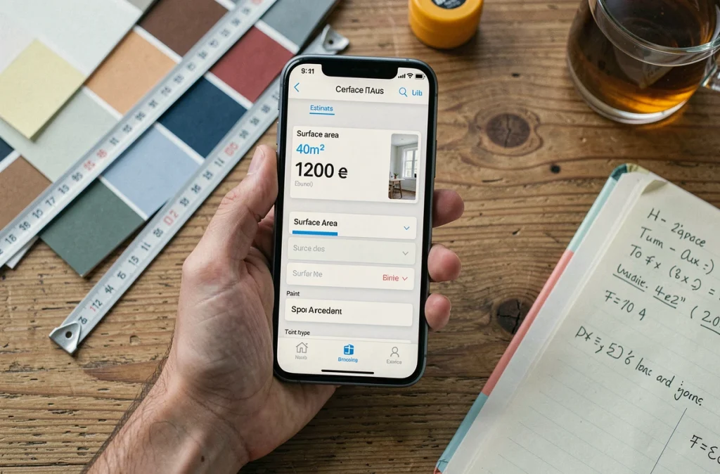 Simulateur de coût de peinture affiché sur smartphone avec échantillons de couleurs et plan de chantier sur une table