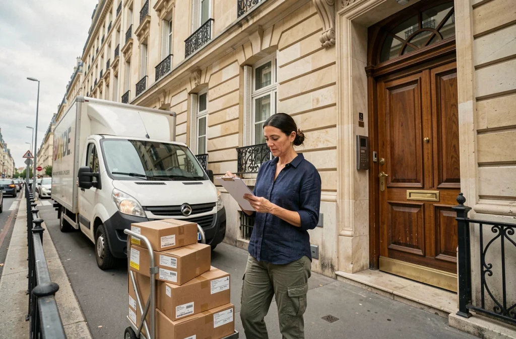 Femme supervisant un déménagement devant un immeuble parisien en copropriété