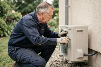 Technicien installant une pompe à chaleur en extérieur contre un mur de maison résidentielle