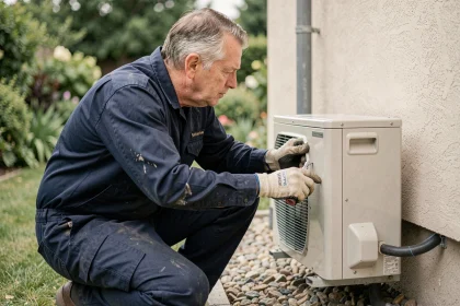 Technicien installant une pompe à chaleur en extérieur contre un mur de maison résidentielle