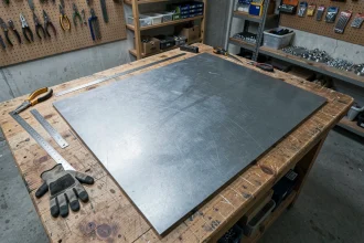 Tôle acier 2 mm posée sur un établi dans un atelier de bricolage avec outils de découpe
