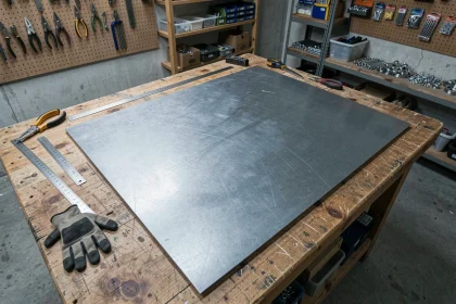 Tôle acier 2 mm posée sur un établi dans un atelier de bricolage avec outils de découpe