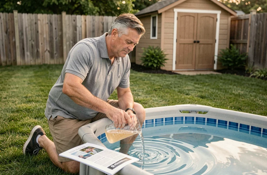 Homme versant un traitement naturel sans chlore dans une piscine hors-sol dans un jardin de banlieue