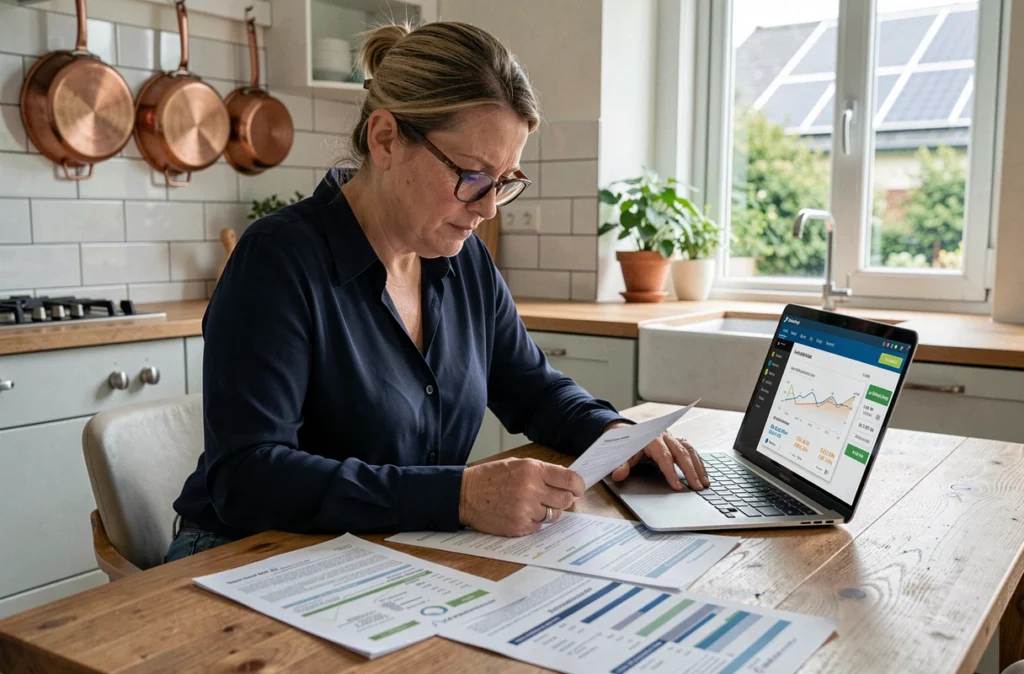 Femme analysant la rentabilité de son installation solaire et les revenus de revente d'électricité à domicile