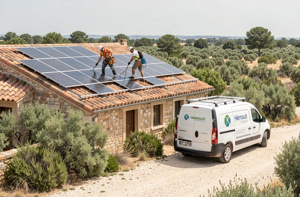 Équipe de Boubal Concept posant des panneaux photovoltaïques sur un toit en tuiles dans la campagne héraultaise