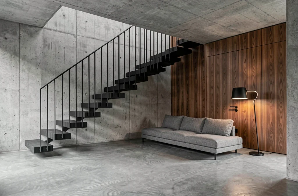 Appartement parisien contemporain de Charles Zana avec murs en béton brut, boiseries en noyer et escalier en acier noirci