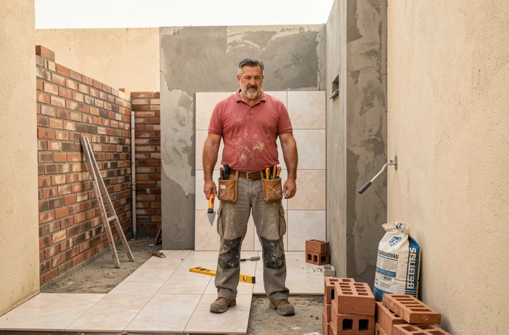 Maçon polyvalent Chenafa Mohamed sur un chantier à Nîmes, jonglant entre pose de briques, carrelage et béton