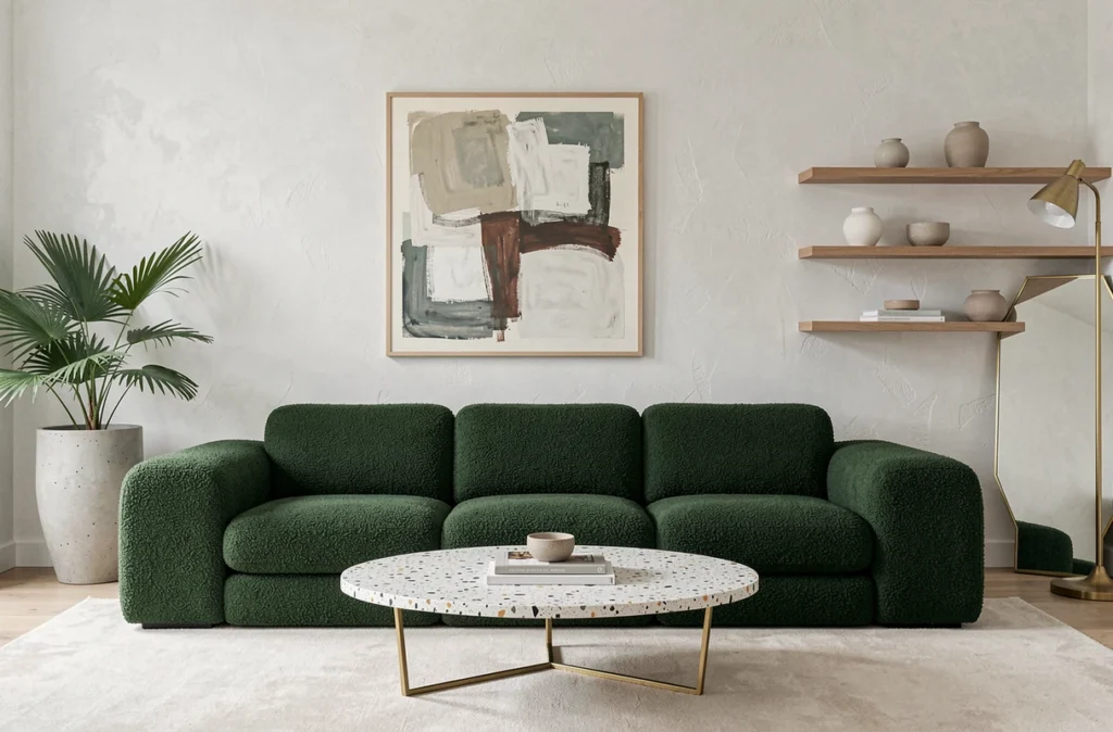 Salon contemporain parisien imaginé par CM Studio Paris avec canapé modulaire en bouclé vert forêt, table en terrazzo et artwork abstrait