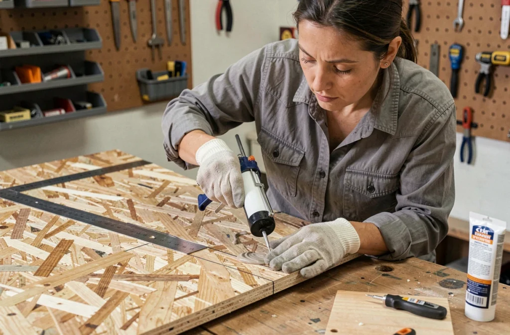 Femme appliquant de la colle de construction sur une plaque OSB avec un pistolet à colle dans un atelier
