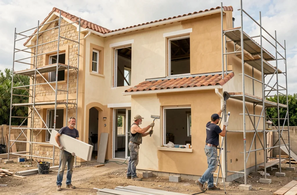 Équipe tous corps d'état de Constructions Rénovation Bâtiment Maçonnerie travaillant simultanément sur la maçonnerie, le plâtre et la couverture d'une maison dans le Gard