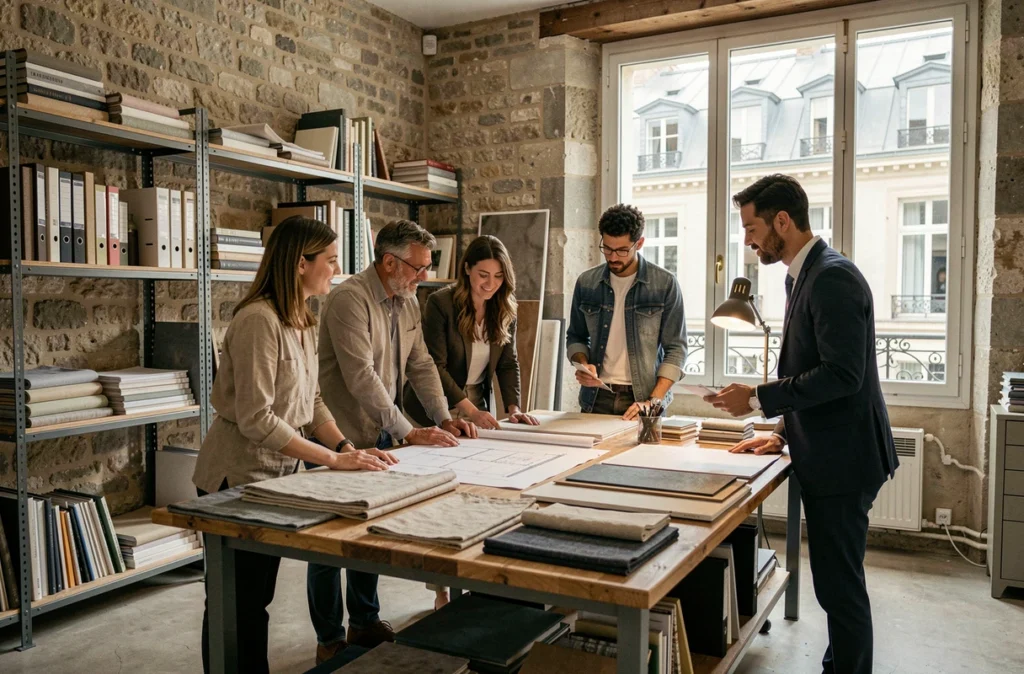 Équipe du collectif Créateurs d'intérieur réunis autour d'une table de travail avec échantillons de matériaux dans un studio parisien en pierre