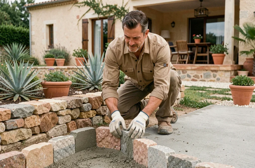 Artisan de DAM Entreprise posant des bordures en pierre décorative le long d'une allée de jardin aménagée dans le Gard
