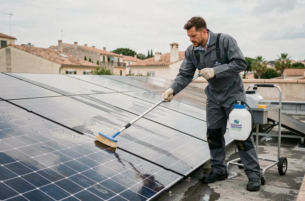 Technicien de Diamond Clan Nettoyage en train de nettoyer des panneaux solaires avec un système d'eau purifiée sur un toit à Montpellier