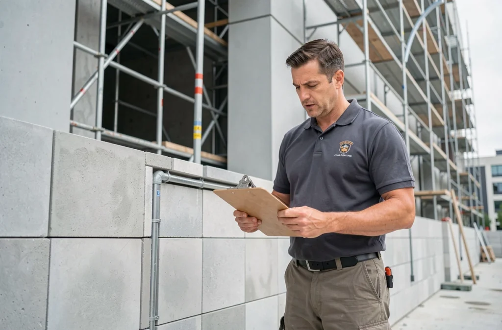 Responsable DSI inspectant des travaux de maçonnerie et de services au bâtiment sur un chantier commercial avec un clipboard