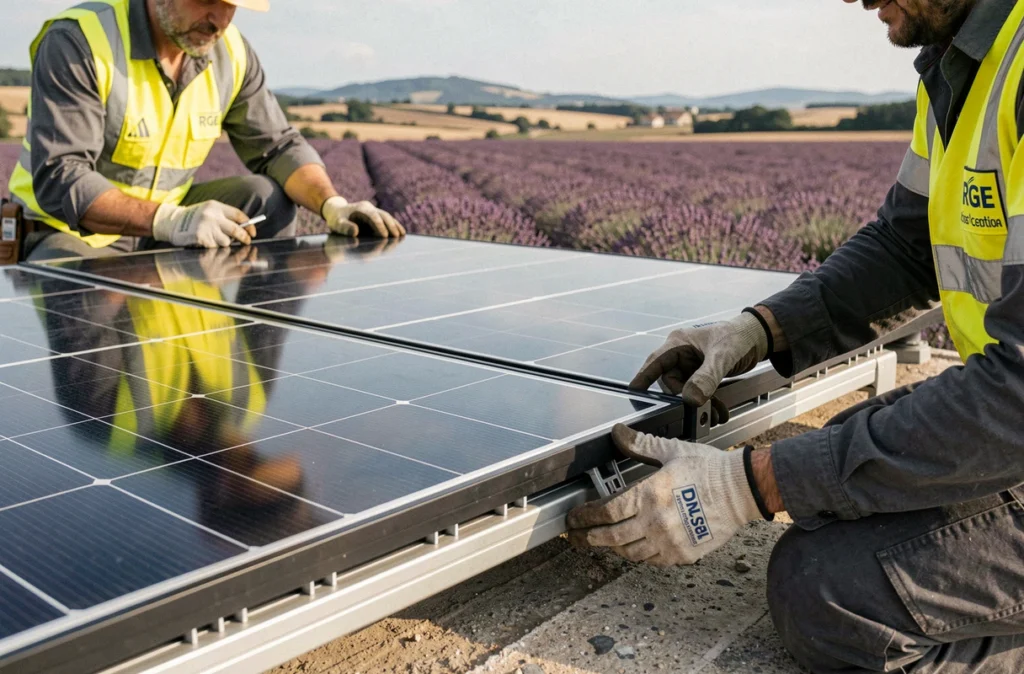 Techniciens RGE certifiés du réseau DualSun posant un panneau solaire hybride sur une toiture en Occitanie