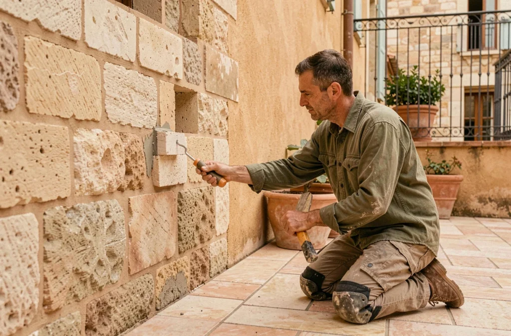 Maçon Eliel Pontes rénovant une facade en pierre et posant des dalles extérieures dans une cour de maison à Nîmes