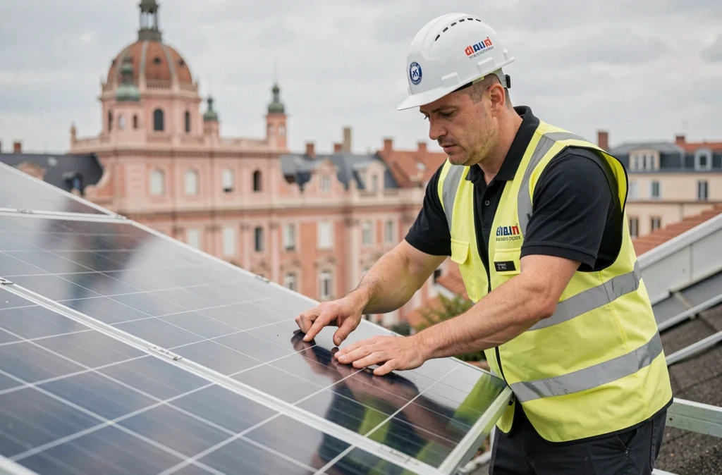 Technicien d'Ensol installant des panneaux solaires sur un toit résidentiel à Toulouse avec l'architecture en briques roses en arrière-plan
