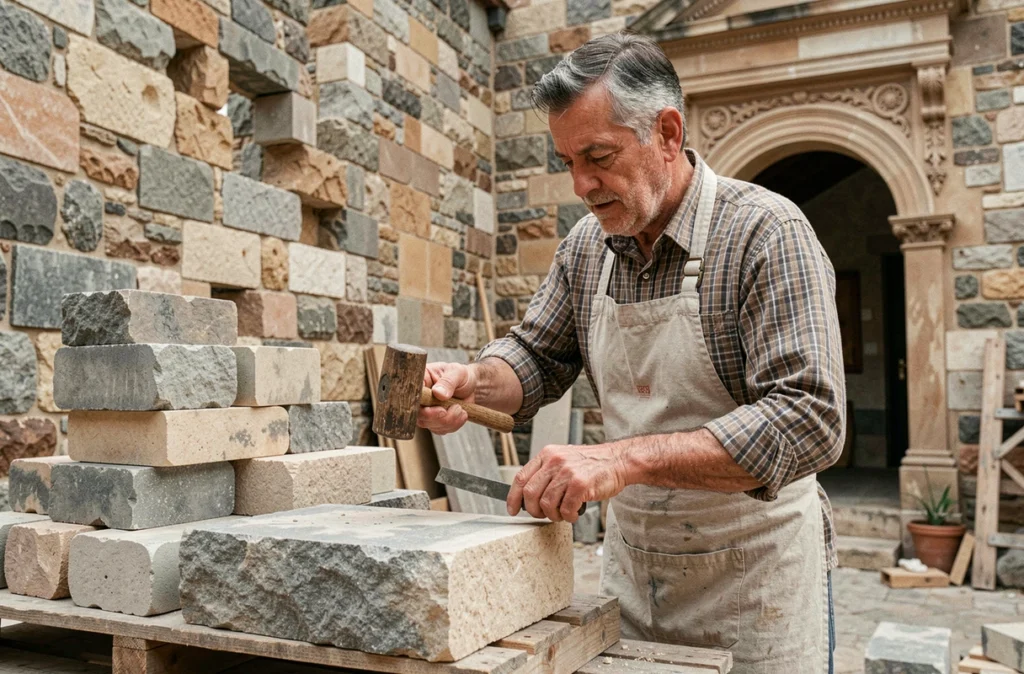 Artisan de l'Entreprise Truchet taillant et posant des blocs de pierre calcaire locale lors d'une restauration de bâtiment patrimonial dans le Gard
