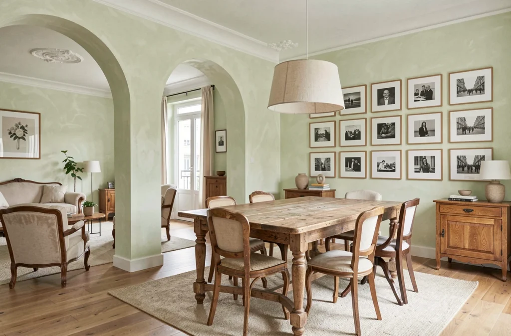 Appartement parisien rénové par Festen avec murs en plâtre lavé à la chaux, mobilier en chêne vintage et galerie de photographies en noir et blanc