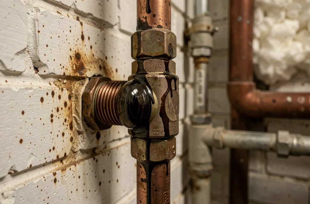 Gros plan sur une fuite de fioul sur le raccord d'une chaudière avec traces d'huile et corrosion