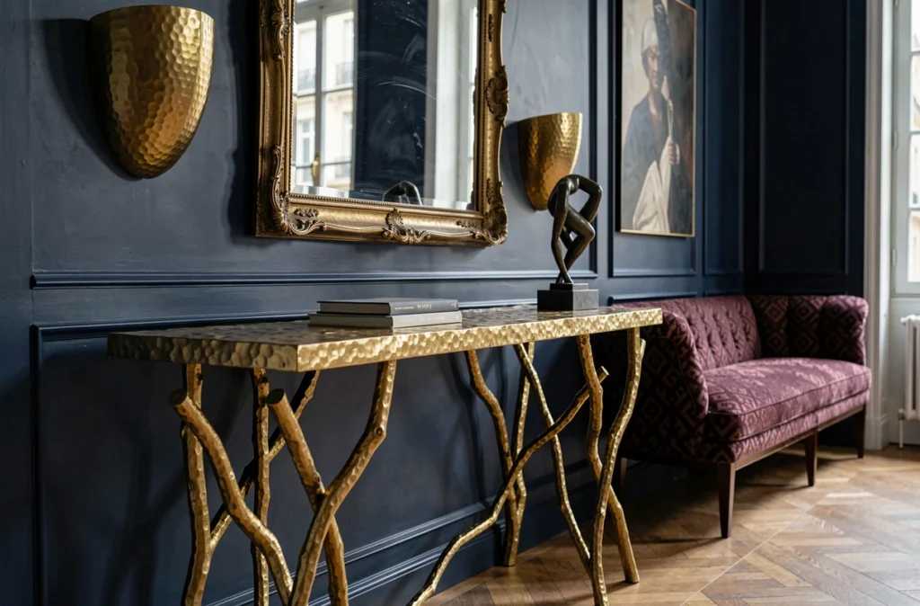 Console en bronze doré forgé à la main et appliques en laiton martelé par Hervé van der Straeten dans un intérieur parisien laqué bleu nuit