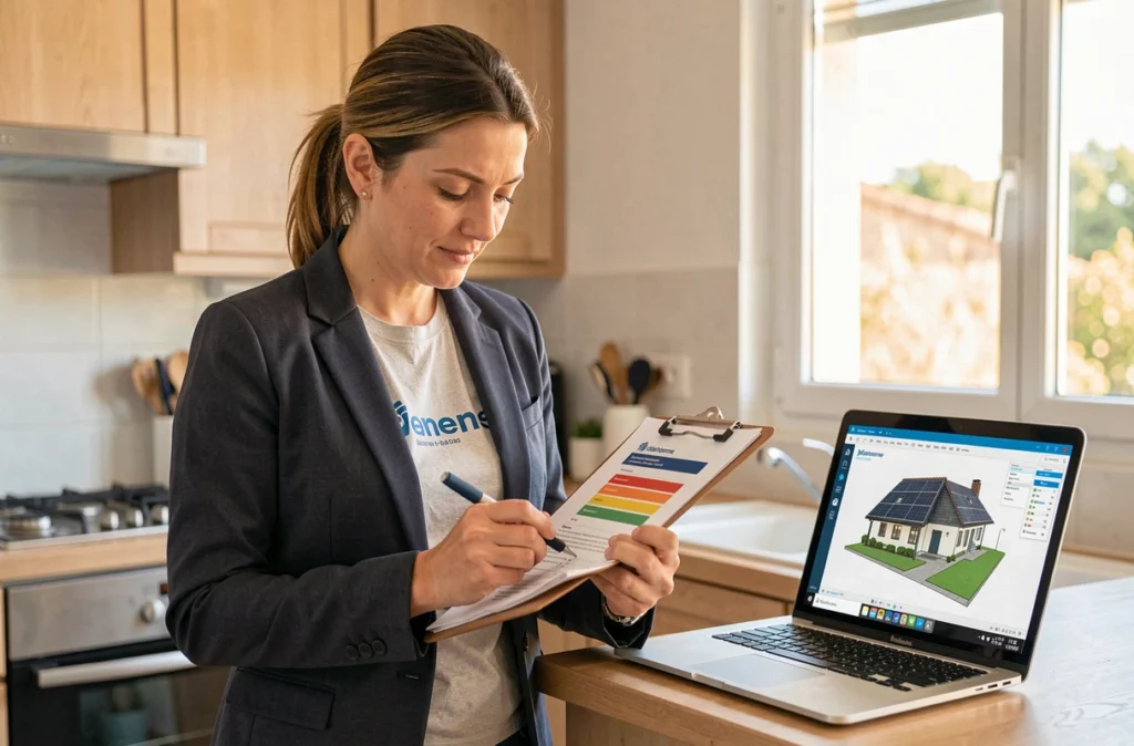 Conseillère d'Idehome-France 17 réalisant un audit énergétique chez un particulier à Saint-Jean-de-Védas avec plan solaire sur ordinateur