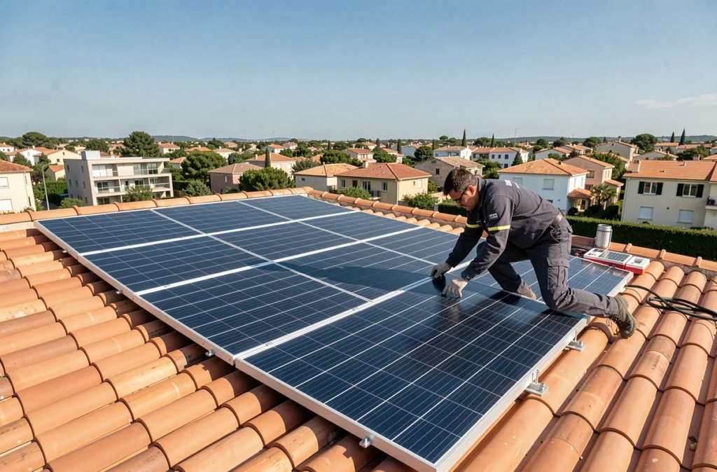 Technicien d'Instalateur Photovoltaique finalisant la pose d'un système solaire résidentiel sur un toit à Montpellier