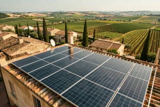 Vue grand angle de panneaux solaires installés sur des toits résidentiels en Occitanie avec un paysage méditerranéen en arrière-plan