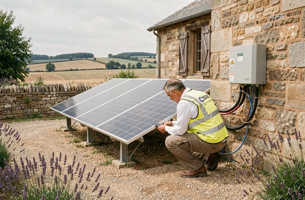 Technicien installant un système solaire au sol dans le jardin d'une maison de campagne française connecté à un onduleur mural