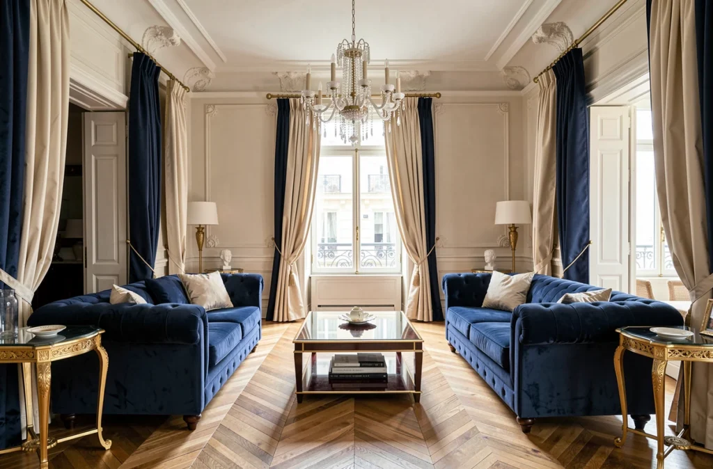 Salon résidentiel haut de gamme parisien signé Jean-Louis Deniot avec canapés en velours saphir et plafonds haussmanniens moulurés