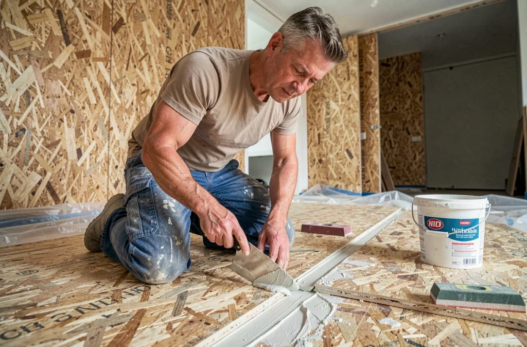 Artisan jointoyant le raccord entre deux plaques OSB avec un enduit de jointoiement et une spatule lors d'une rénovation intérieure