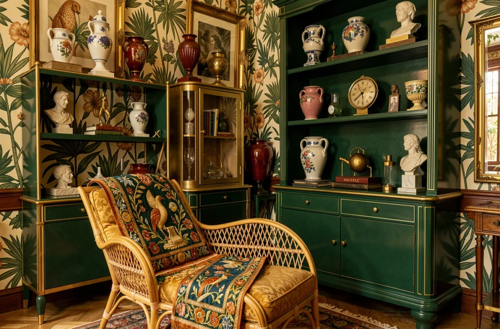 Intérieur parisien de Laura Gonzalez avec papier peint botanique, chaise longue en rotin et objets de collection en céramique