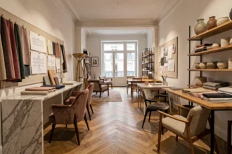 Showroom d'un studio de décoration d'intérieur parisien avec parquet en chevrons, meubles contemporains et planches d'inspiration