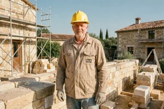 Maçon expérimenté devant un mur en pierre traditionnelle dans le Gard, évoquant le savoir-faire local en maçonnerie