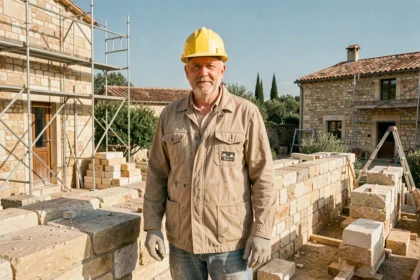 Maçon expérimenté devant un mur en pierre traditionnelle dans le Gard, évoquant le savoir-faire local en maçonnerie