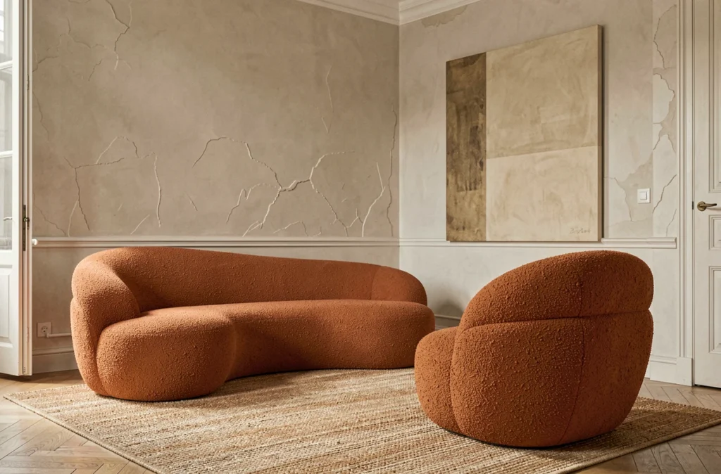 Salon parisien décoré dans le style de Pierre Yovanovitch avec mobilier sculpté en bouclé terracotta et murs en plâtre pale
