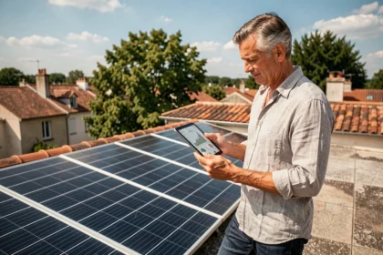 Propriétaire examinant des panneaux solaires sur le toit de sa maison avec une tablette affichant la production d'énergie