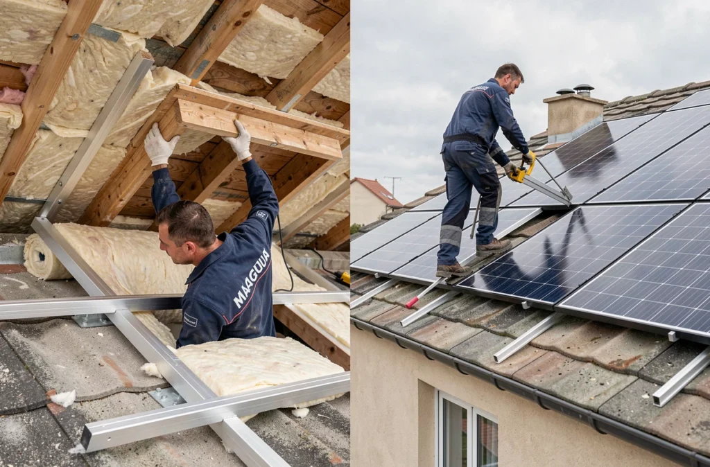 Équipe de Role Energies réalisant simultanément une isolation en combles et une pose de panneaux solaires sur une maison à Mauguio
