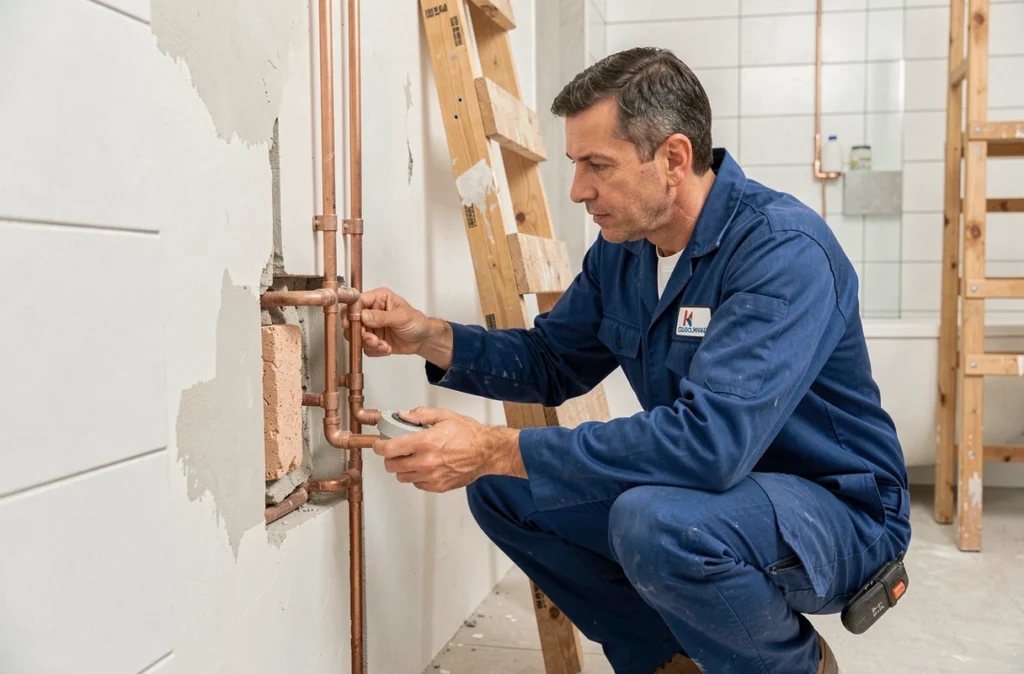Artisan de RP Habitat effectuant des travaux combinés de maçonnerie et plomberie lors d'une rénovation intérieure à Nîmes