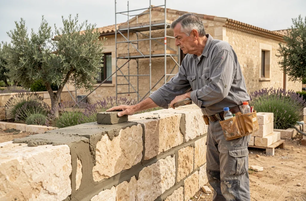 Maçon de la SARL CRC appliquant du mortier sur un mur en pierre calcaire lors d'un chantier résidentiel à Calvisson