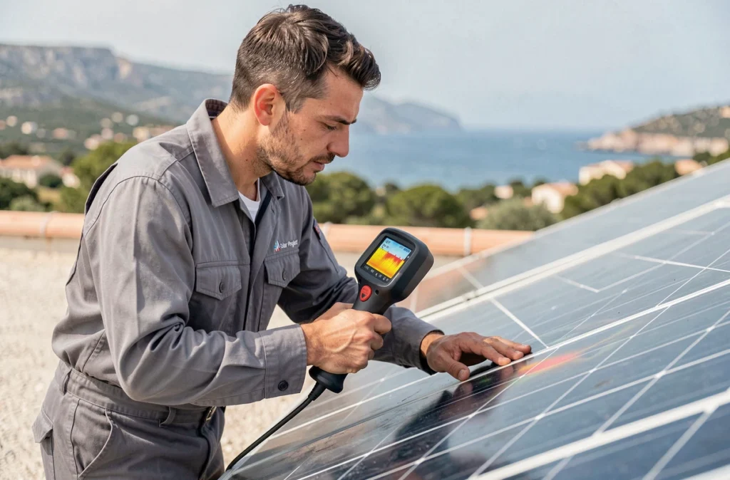 Technicien de Solar Project effectuant une réparation et inspection thermique de panneaux solaires sur un toit dans l'Hérault