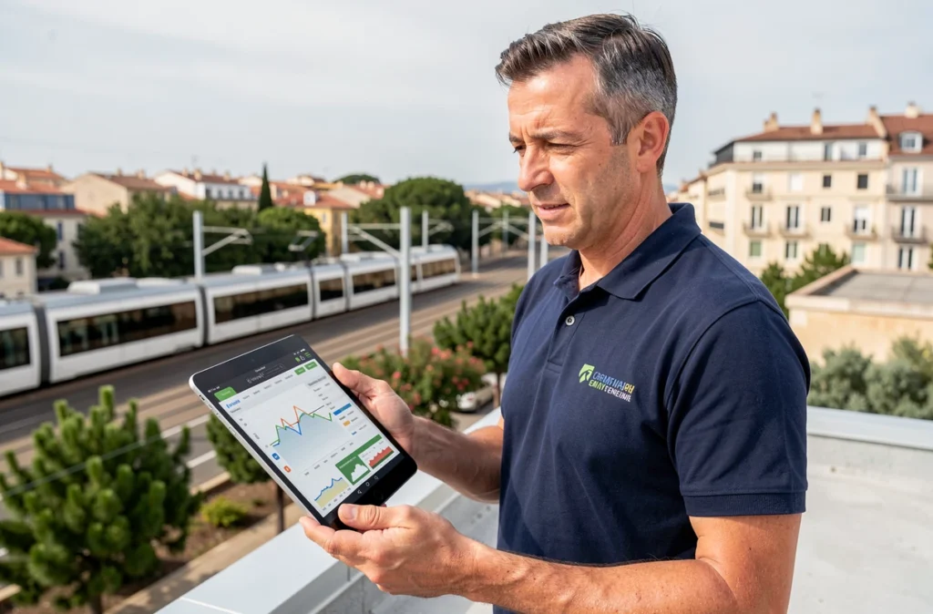 Spécialiste en énergies renouvelables de STB 34 effectuant un audit de toiture à Montpellier avec tablette de simulation solaire