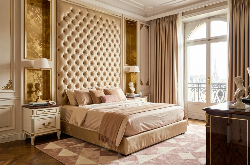 Chambre de luxe sur mesure parisienne signée Stéphanie Coutas avec tête de lit en soie matelassée et boiseries avec incrustations en laiton
