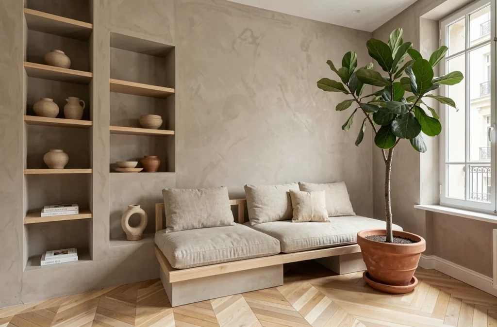 Rénovation d'appartement parisien par Studio Heju avec murs en enduit minéral, niche de lecture et canapé bas en lin naturel