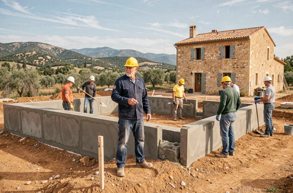 Chef d'entreprise Ta Bati supervisant à la fois un chantier de construction neuve et une rénovation de corps de ferme dans le Gard