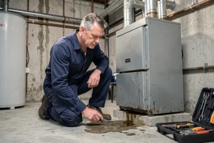 Technicien inspectant une fuite d'huile sous une chaudière fioul dans une chaufferie de sous-sol