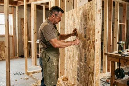 Charpentier vissant une plaque OSB sur une ossature en bois dans un atelier de construction professionnel