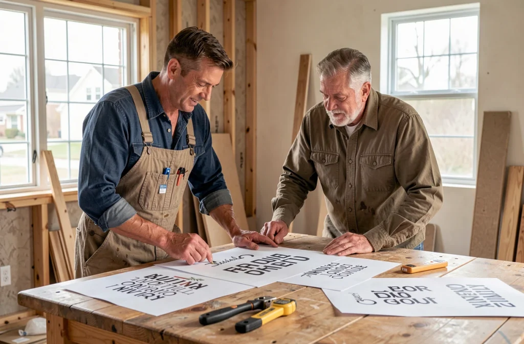 Artisan et propriétaire examinant des devis de travaux